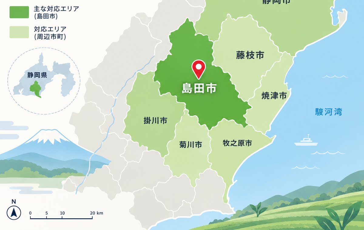 対応エリアマップ：静岡県島田市を中心に藤枝市・焼津市・静岡市・掛川市・菊川市・牧之原市など